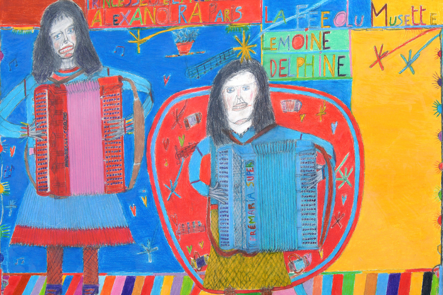 Oscar Haus, crayon de couleur sur feuille de dessin. 55cm x 73cm, 2007. Princesse de l'accordéon Alexandra Paris, la fée de musette Delphine Lem - Crédits photo : Prodia